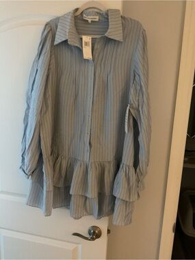 English Factory Light Blue Striped Ruffle Hem Shirt Dress